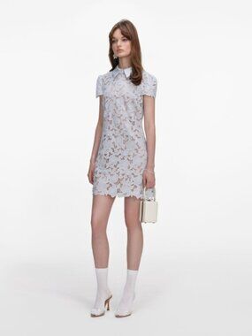 short sleeve summer mini dress S Blue & White Floral Organic Cotton Poplin Mini Dress for Mediterranean Summer Escapes